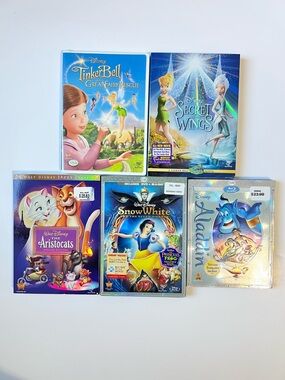 Disney Movie DVD Blu Ray Bundle Of 5 Tinker Bell Aladdin Snow White Aristocrats
